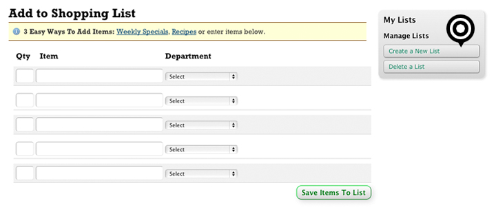 Shopping list index page