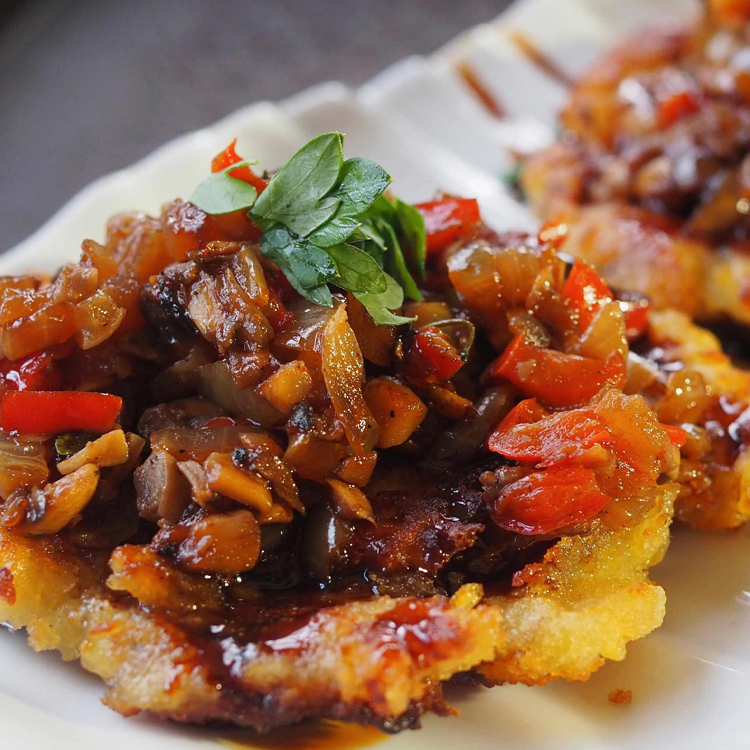 Picture of Mushroom Ratatouille on Potato Pancake with Soy Sauce Reduction